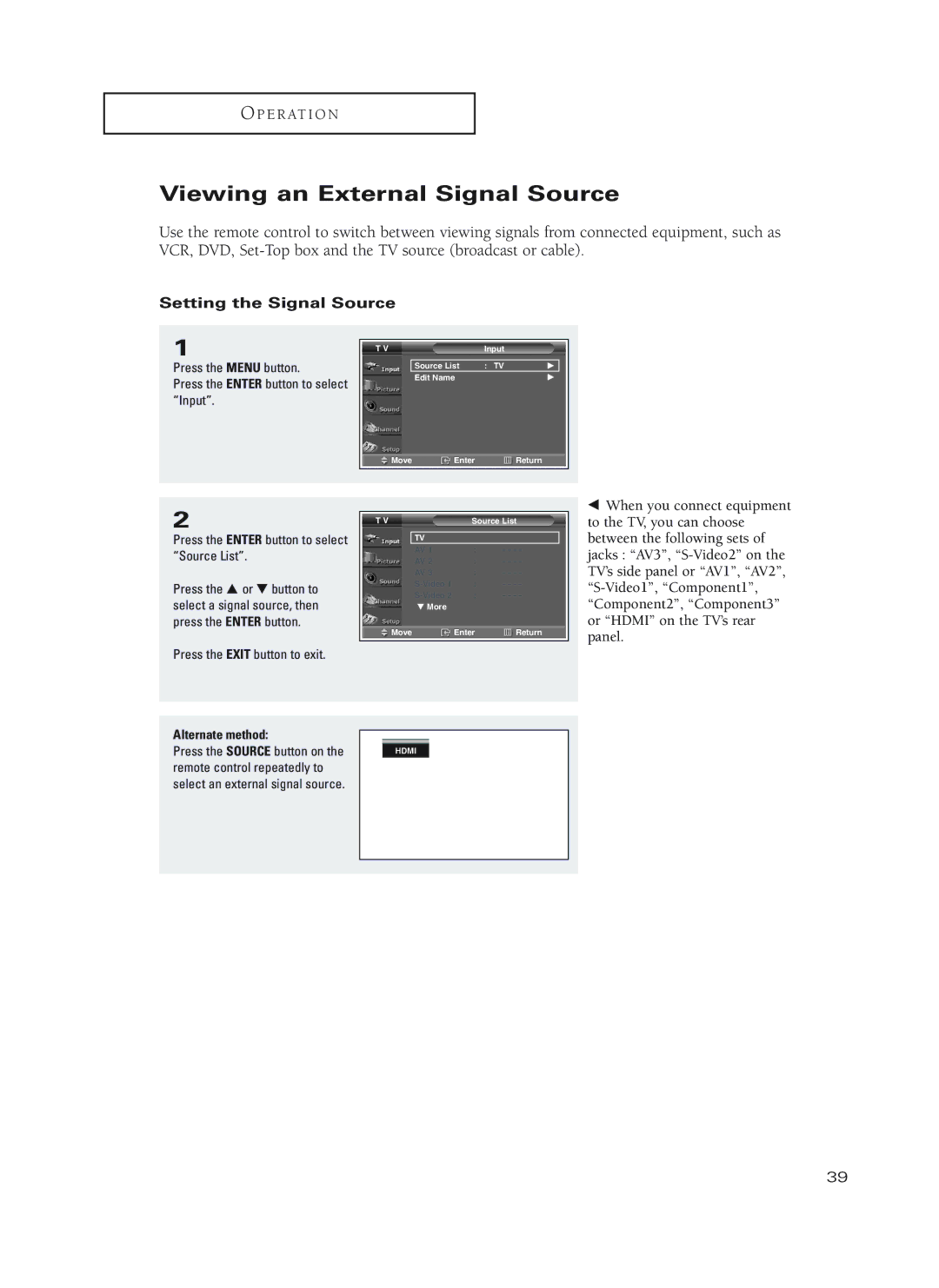 Samsung HC-P4252W, HC-P5252W, HC-P4752W manual Viewing an External Signal Source, Setting the Signal Source 