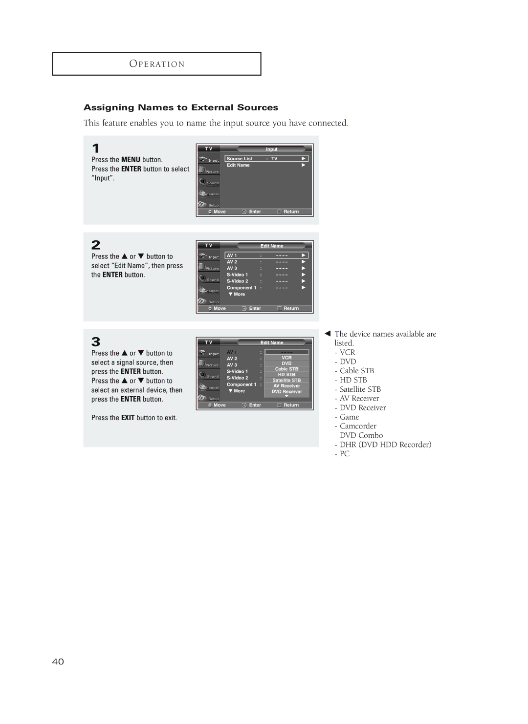 Samsung HC-P5252W, HC-P4252W, HC-P4752W manual Assigning Names to External Sources 