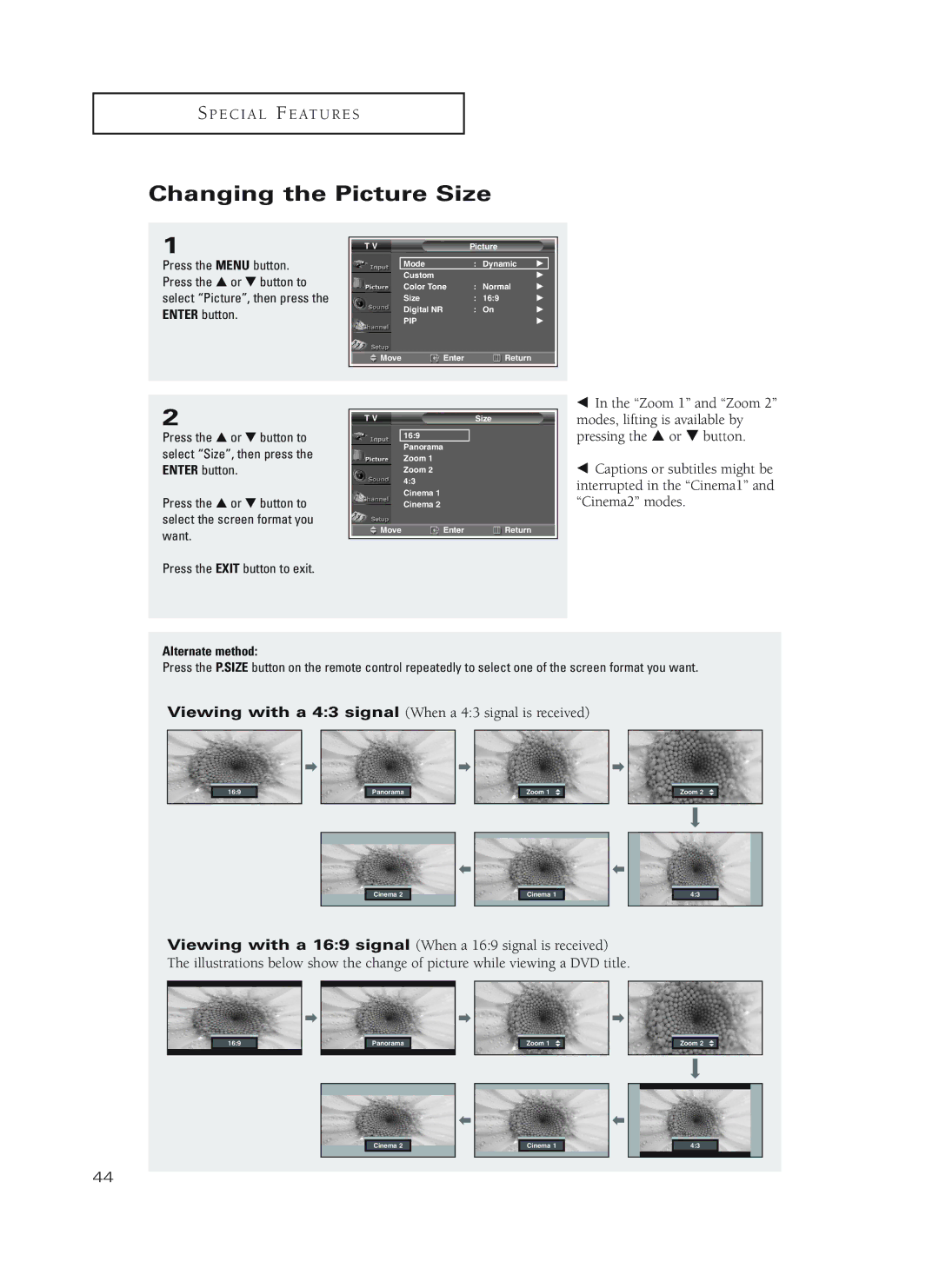 Samsung HC-P4752W, HC-P4252W, HC-P5252W manual Changing the Picture Size 