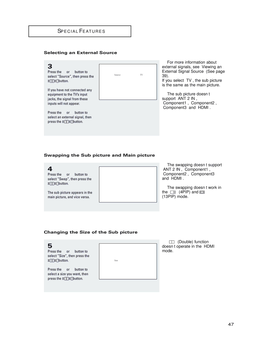 Samsung HC-P4752W, HC-P4252W, HC-P5252W manual Selecting an External Source, Swapping the Sub picture and Main picture 