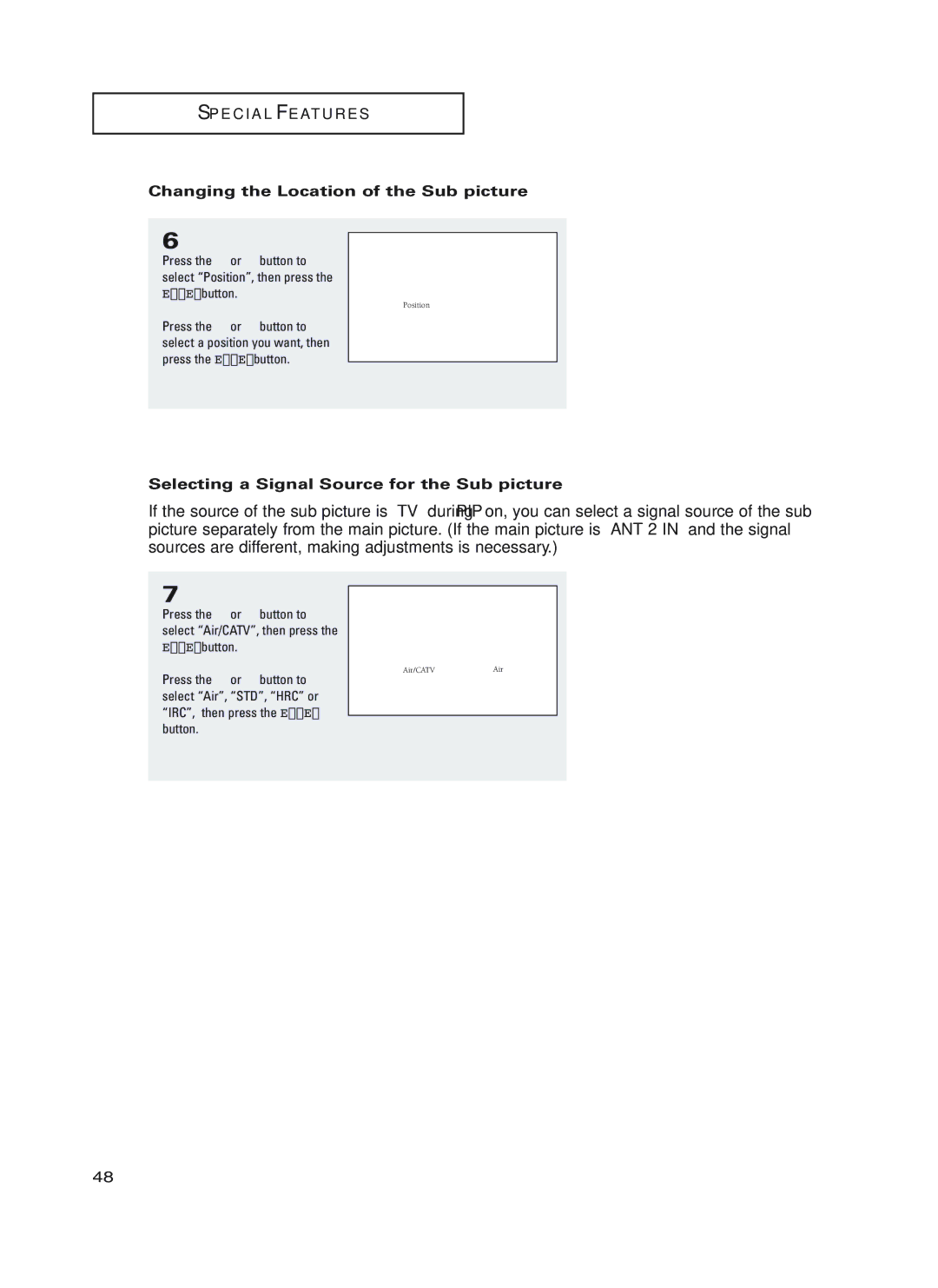 Samsung HC-P4252W, HC-P5252W manual Changing the Location of the Sub picture, Selecting a Signal Source for the Sub picture 