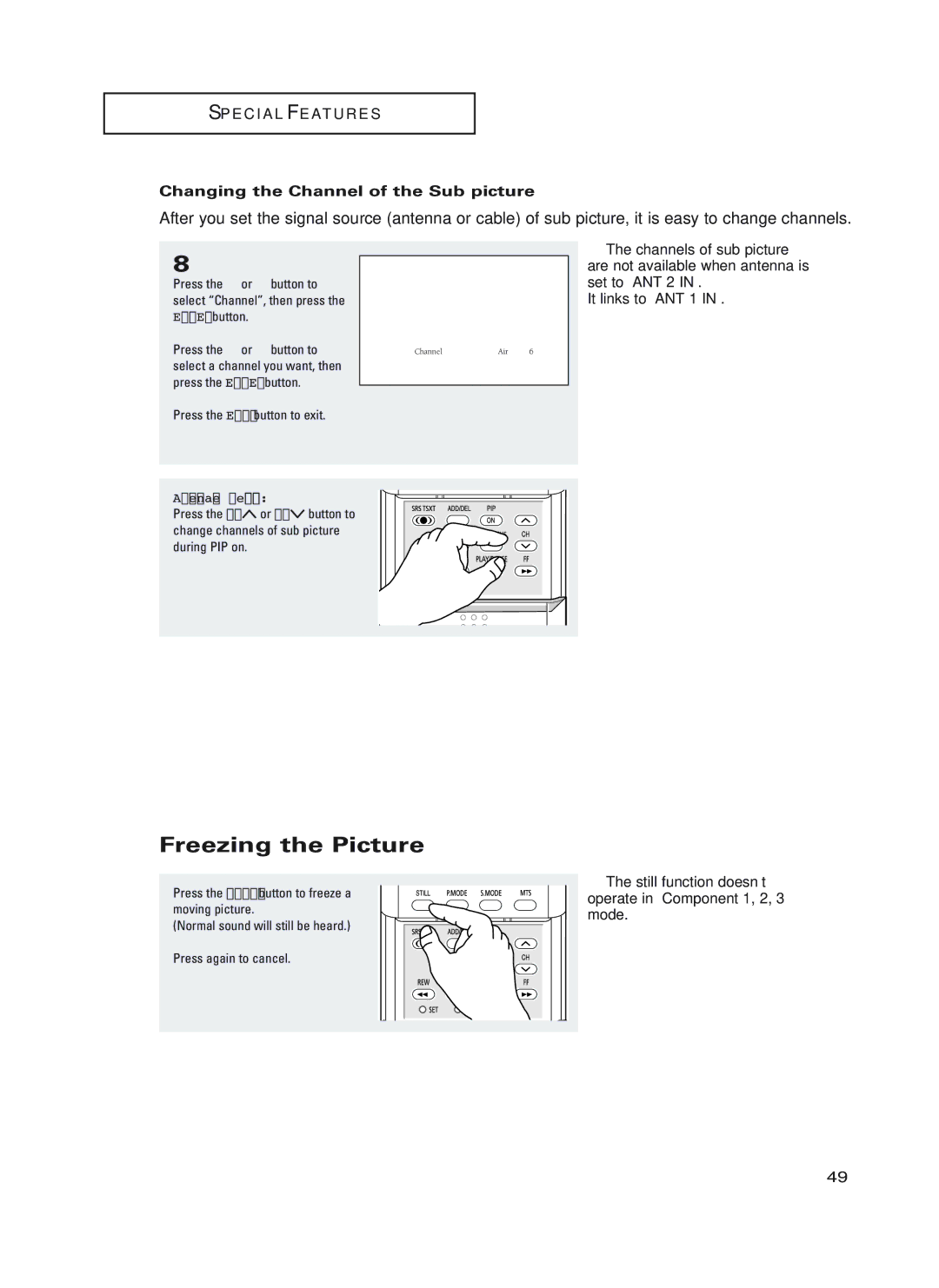 Samsung HC-P5252W, HC-P4252W, HC-P4752W manual Freezing the Picture, Changing the Channel of the Sub picture 