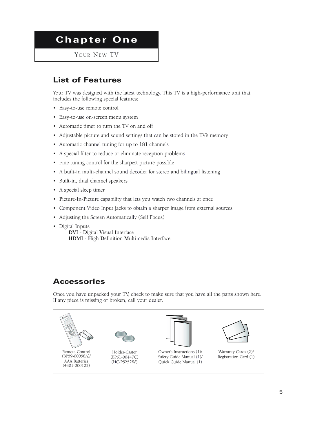 Samsung HC-P4752W, HC-P4252W, HC-P5252W manual List of Features, Accessories 