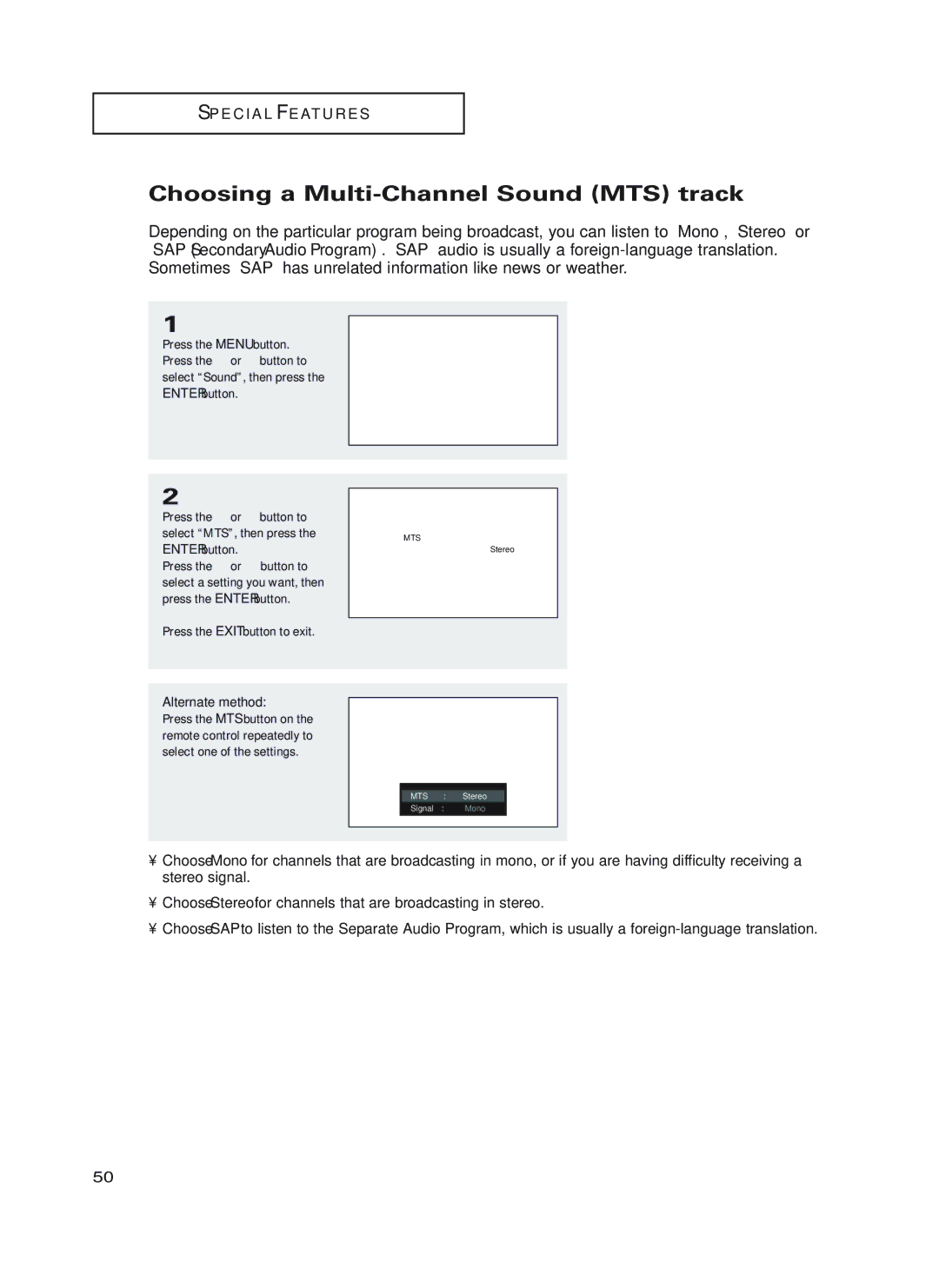 Samsung HC-P4752W, HC-P4252W, HC-P5252W manual Choosing a Multi-Channel Sound MTS track 