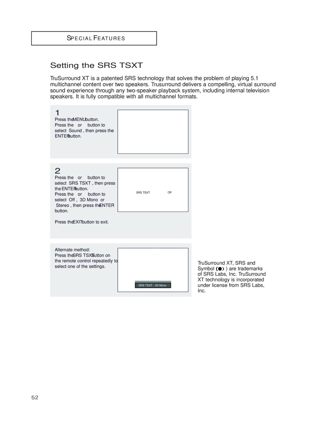 Samsung HC-P5252W, HC-P4252W, HC-P4752W manual Setting the SRS Tsxt 