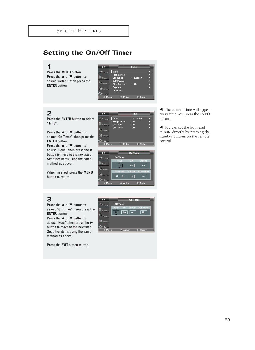 Samsung HC-P4752W, HC-P4252W, HC-P5252W manual Setting the On/Off Timer, When finished, press the Menu button to return 