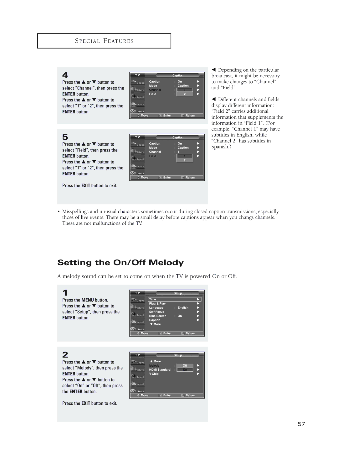 Samsung HC-P4252W, HC-P5252W, HC-P4752W manual Setting the On/Off Melody, Example, Channel 1 may have 