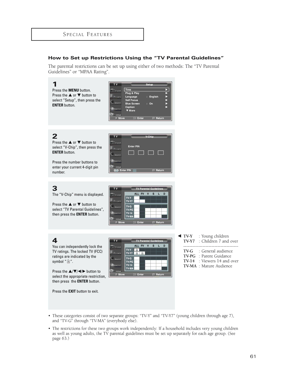 Samsung HC-P5252W, HC-P4252W, HC-P4752W manual How to Set up Restrictions Using the TV Parental Guidelines 