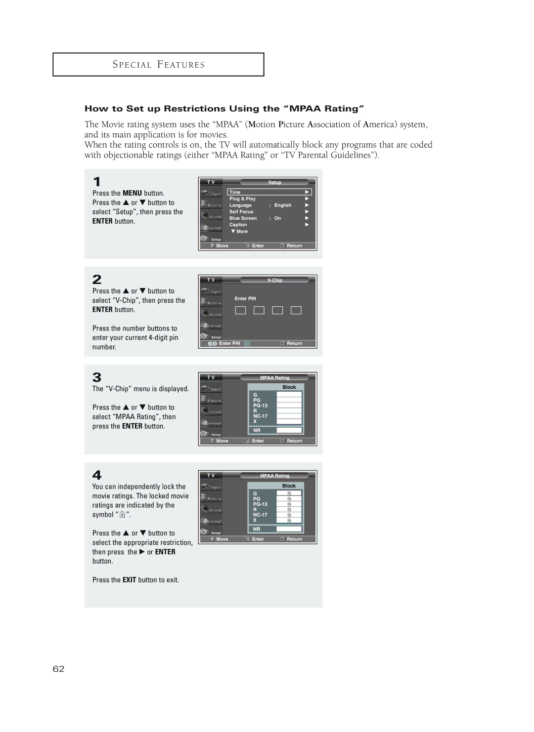 Samsung HC-P4752W, HC-P4252W, HC-P5252W manual How to Set up Restrictions Using the Mpaa Rating 