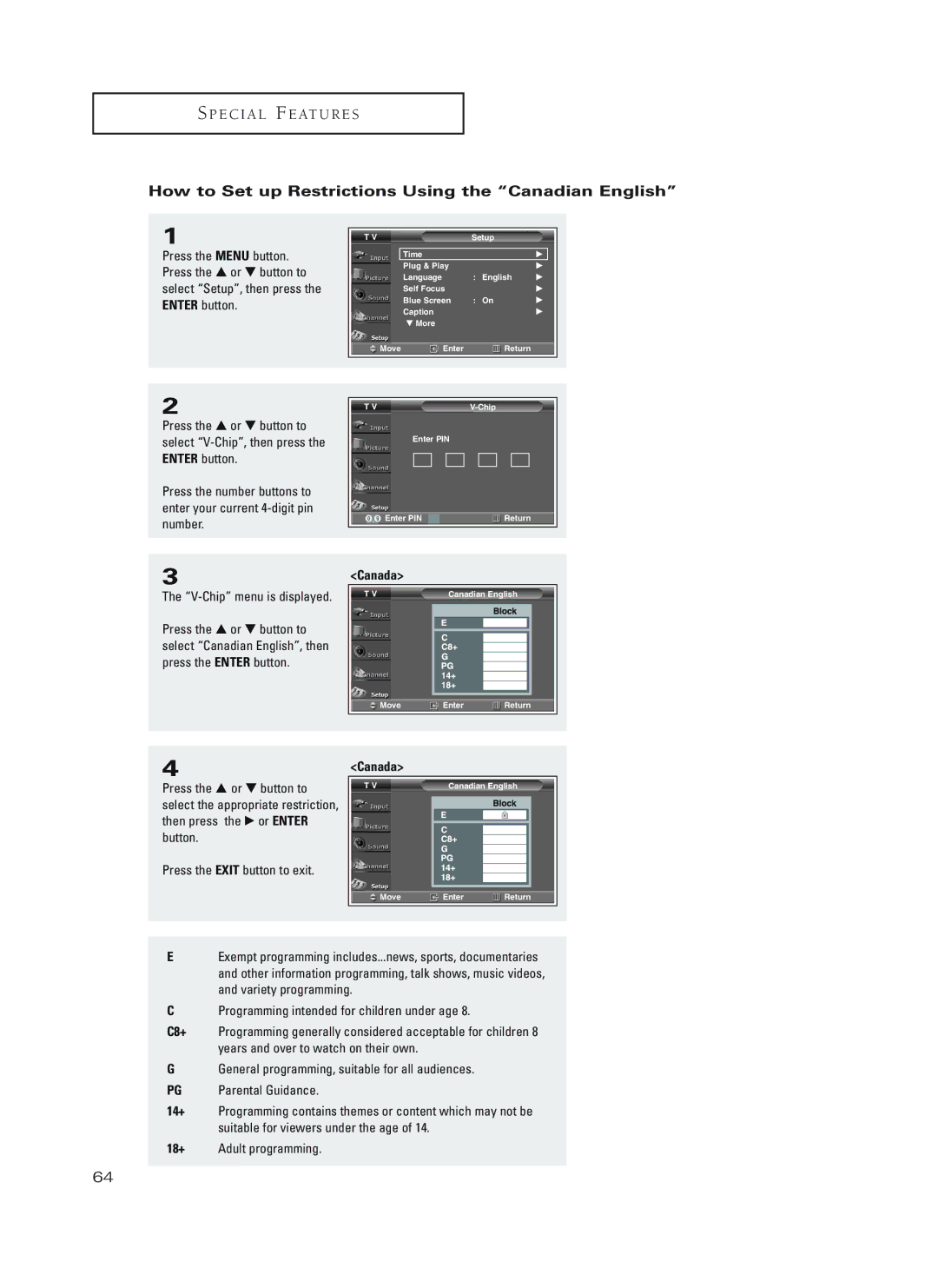 Samsung HC-P5252W, HC-P4252W, HC-P4752W manual How to Set up Restrictions Using the Canadian English 