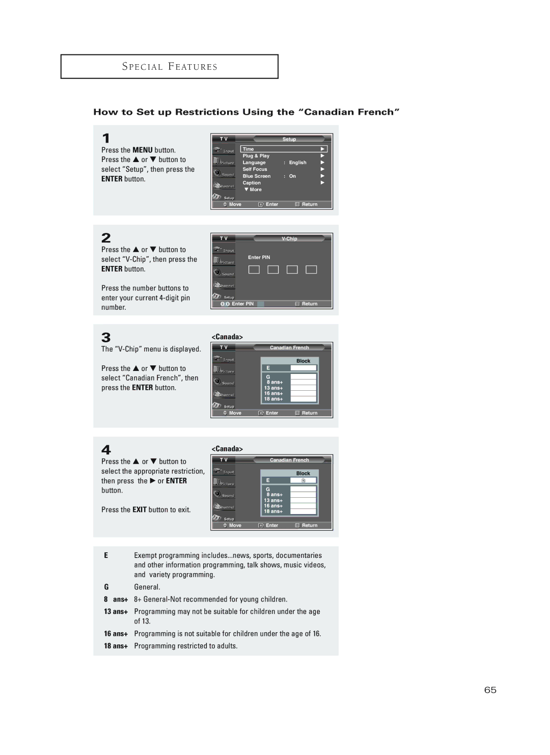 Samsung HC-P4752W, HC-P4252W, HC-P5252W manual How to Set up Restrictions Using the Canadian French 