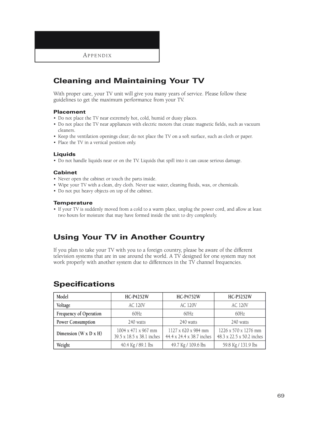 Samsung HC-P4252W, HC-P5252W, HC-P4752W Cleaning and Maintaining Your TV, Using Your TV in Another Country, Specifications 