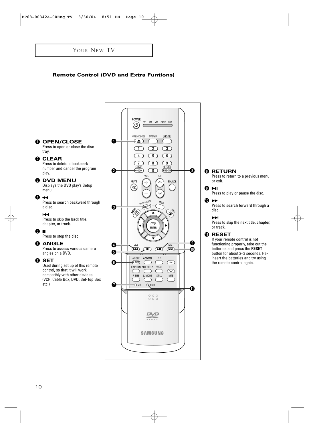 Samsung HC-P4363W manual Remote Control DVD and Extra Funtions, DVD Menu 