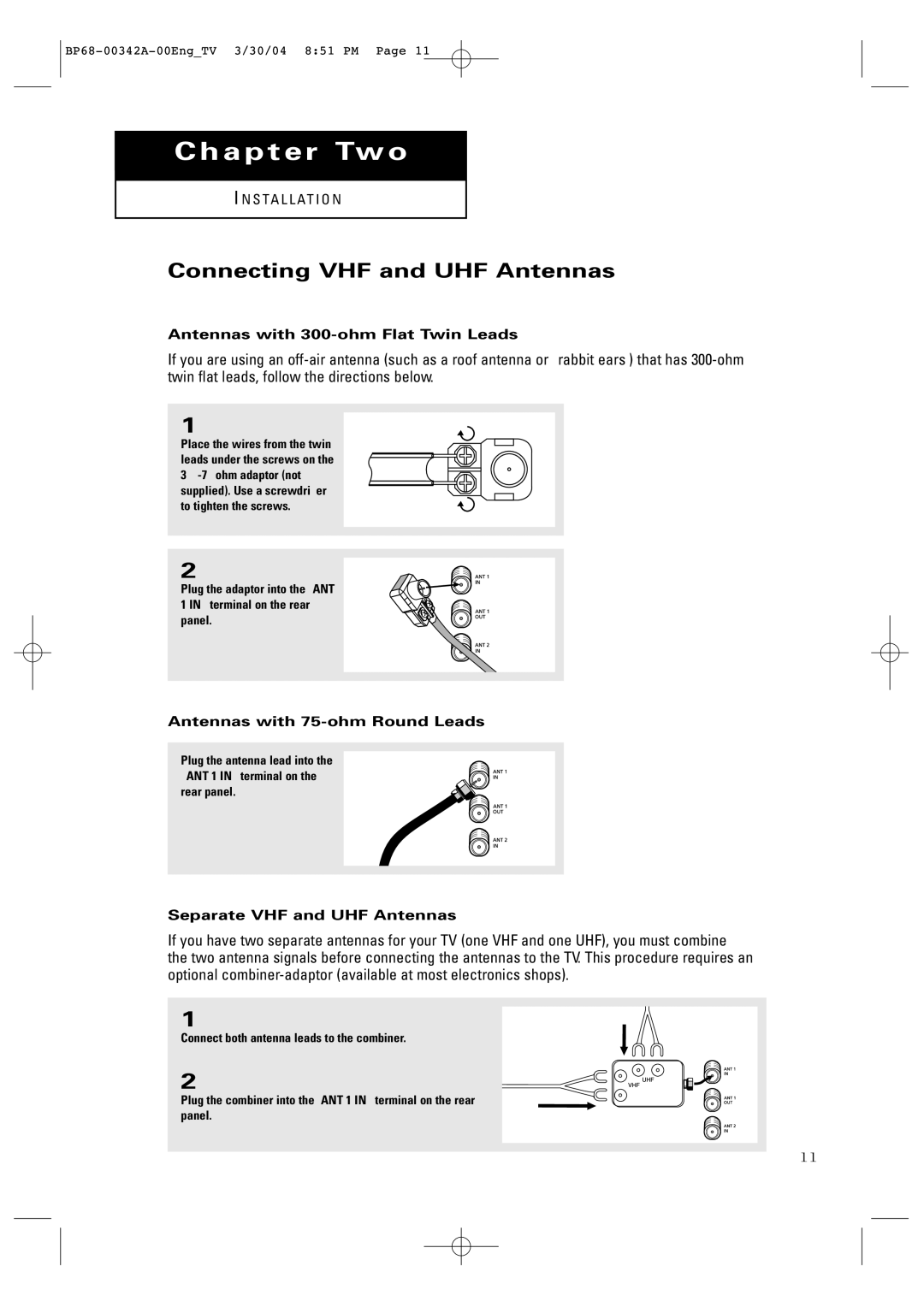 Samsung HC-P4363W Connecting VHF and UHF Antennas, Antennas with 300-ohm Flat Twin Leads, Antennas with 75-ohm Round Leads 