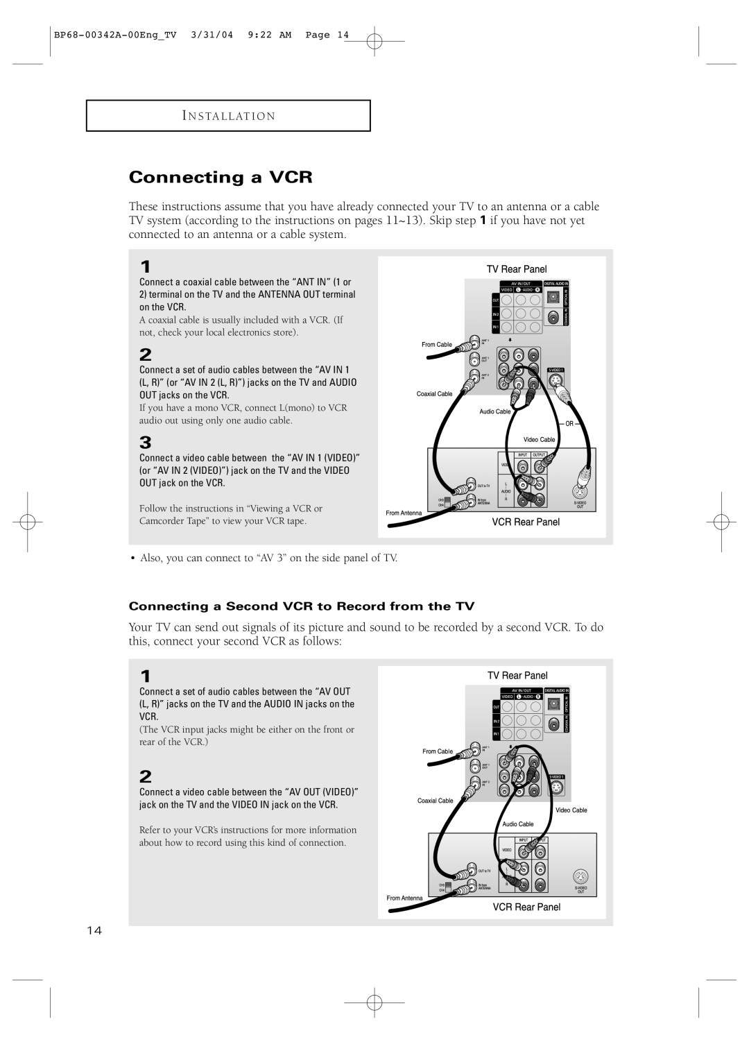 Samsung HC-P4363W manual Connecting a VCR, Connecting a Second VCR to Record from the TV 