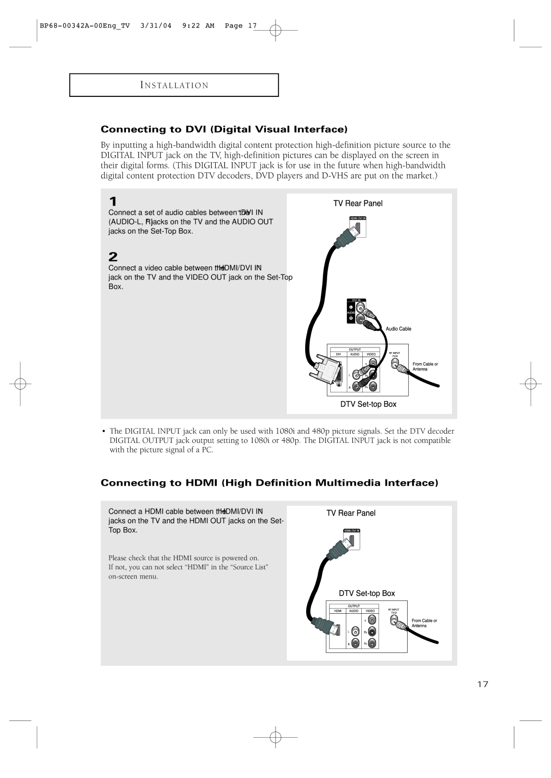 Samsung HC-P4363W manual Connecting to DVI Digital Visual Interface 