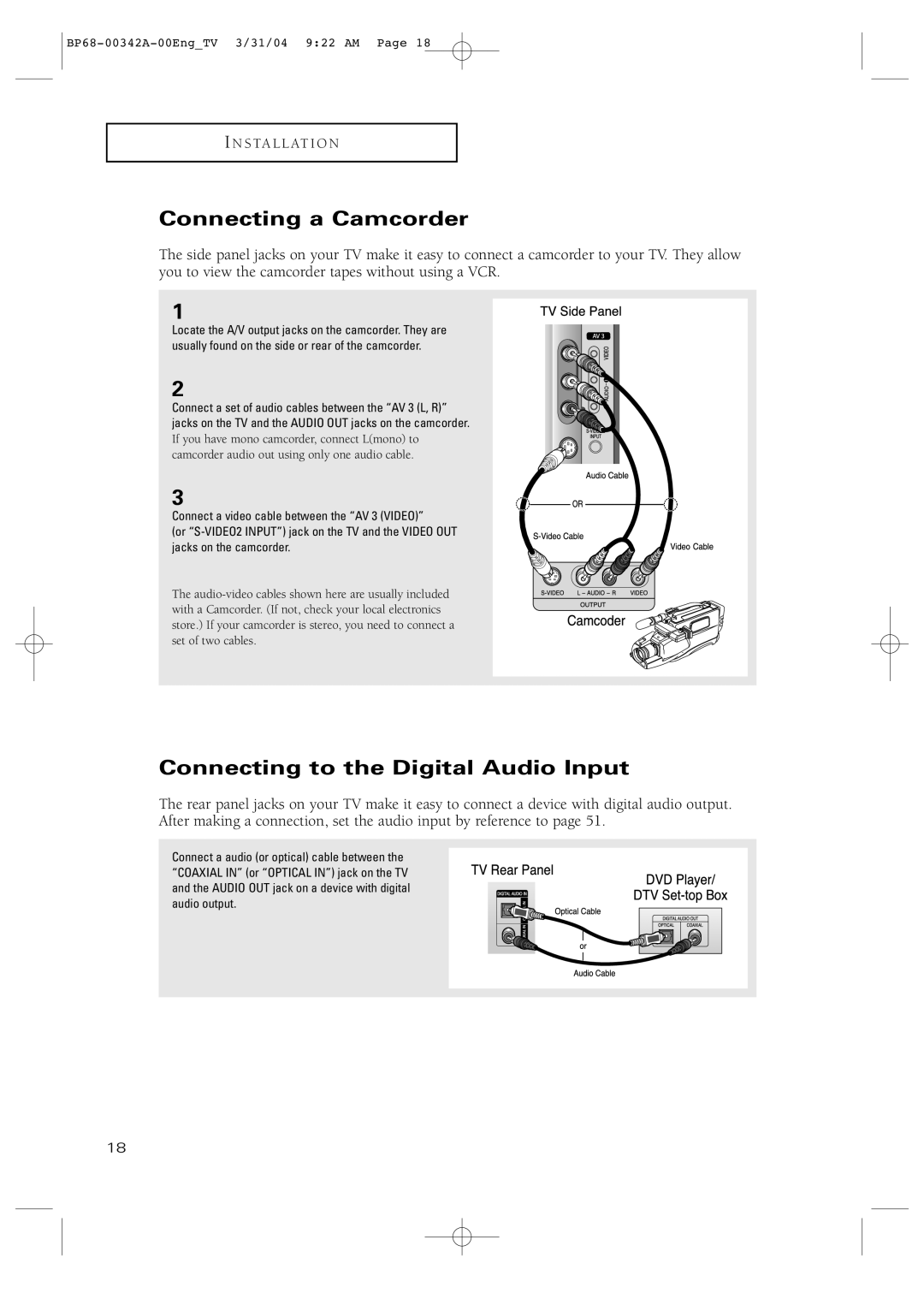 Samsung HC-P4363W manual Connecting a Camcorder, Connecting to the Digital Audio Input 