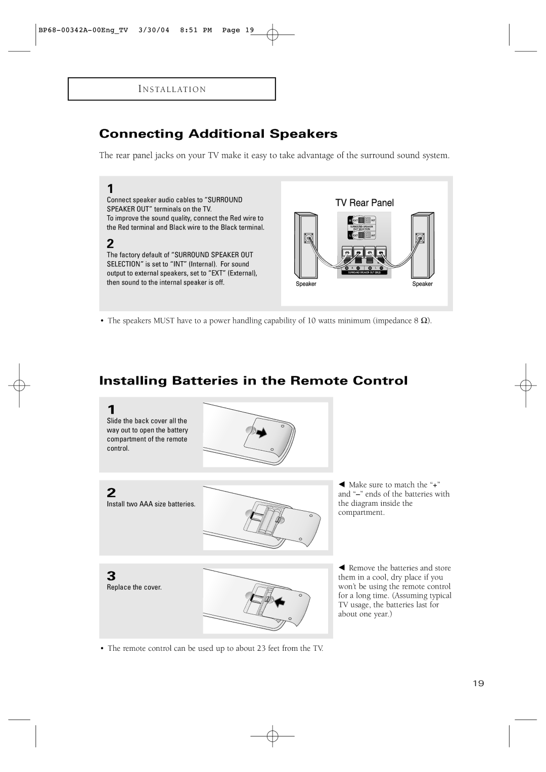 Samsung HC-P4363W manual Connecting Additional Speakers, Installing Batteries in the Remote Control 