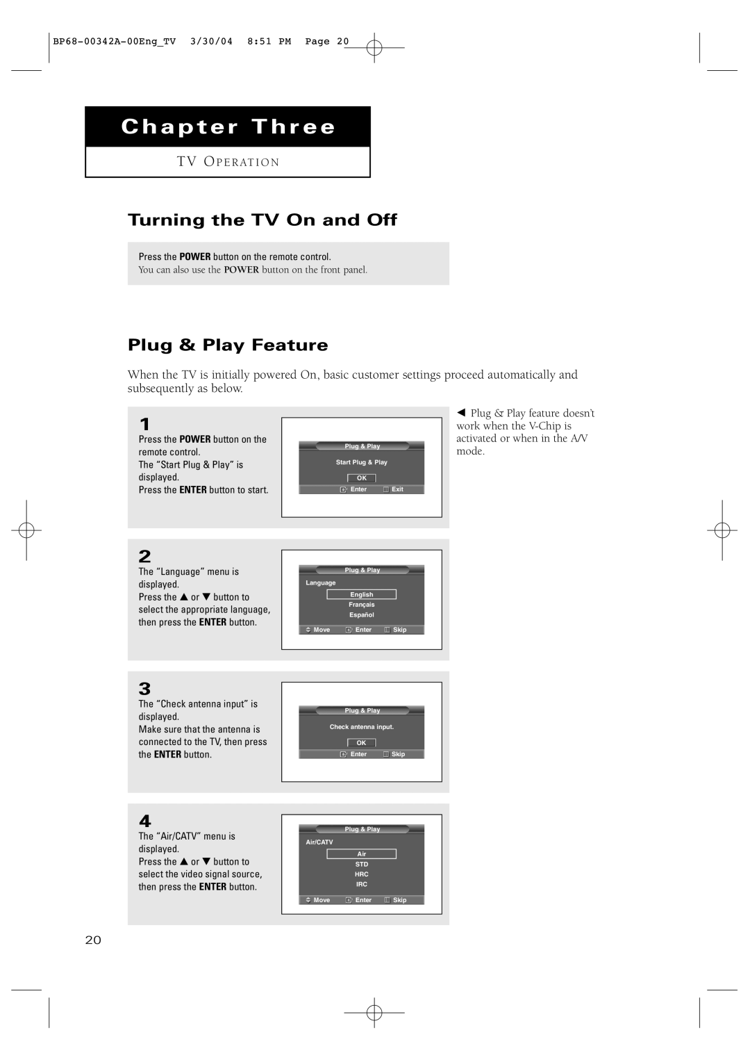 Samsung HC-P4363W manual Turning the TV On and Off, Plug & Play Feature 