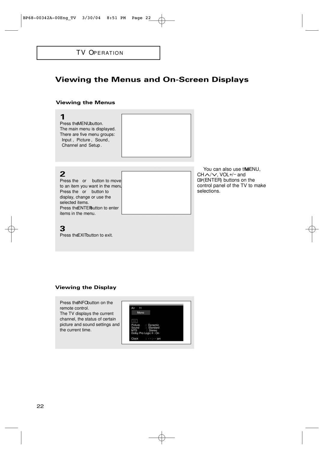 Samsung HC-P4363W manual Viewing the Menus and On-Screen Displays, Viewing the Display 