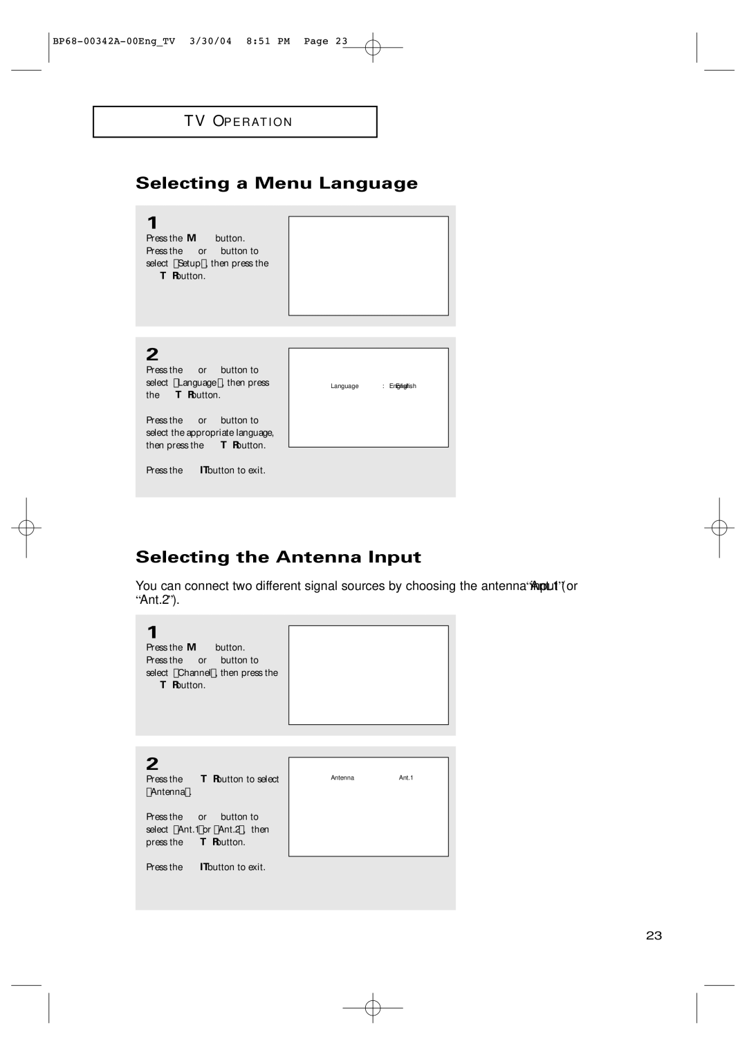 Samsung HC-P4363W manual Selecting a Menu Language, Selecting the Antenna Input 