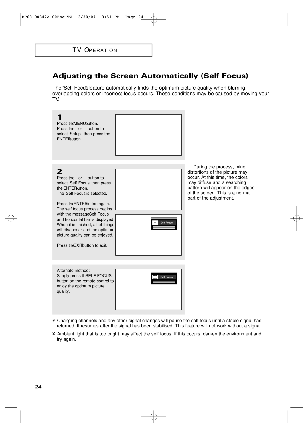 Samsung HC-P4363W manual Adjusting the Screen Automatically Self Focus, Alternate method 