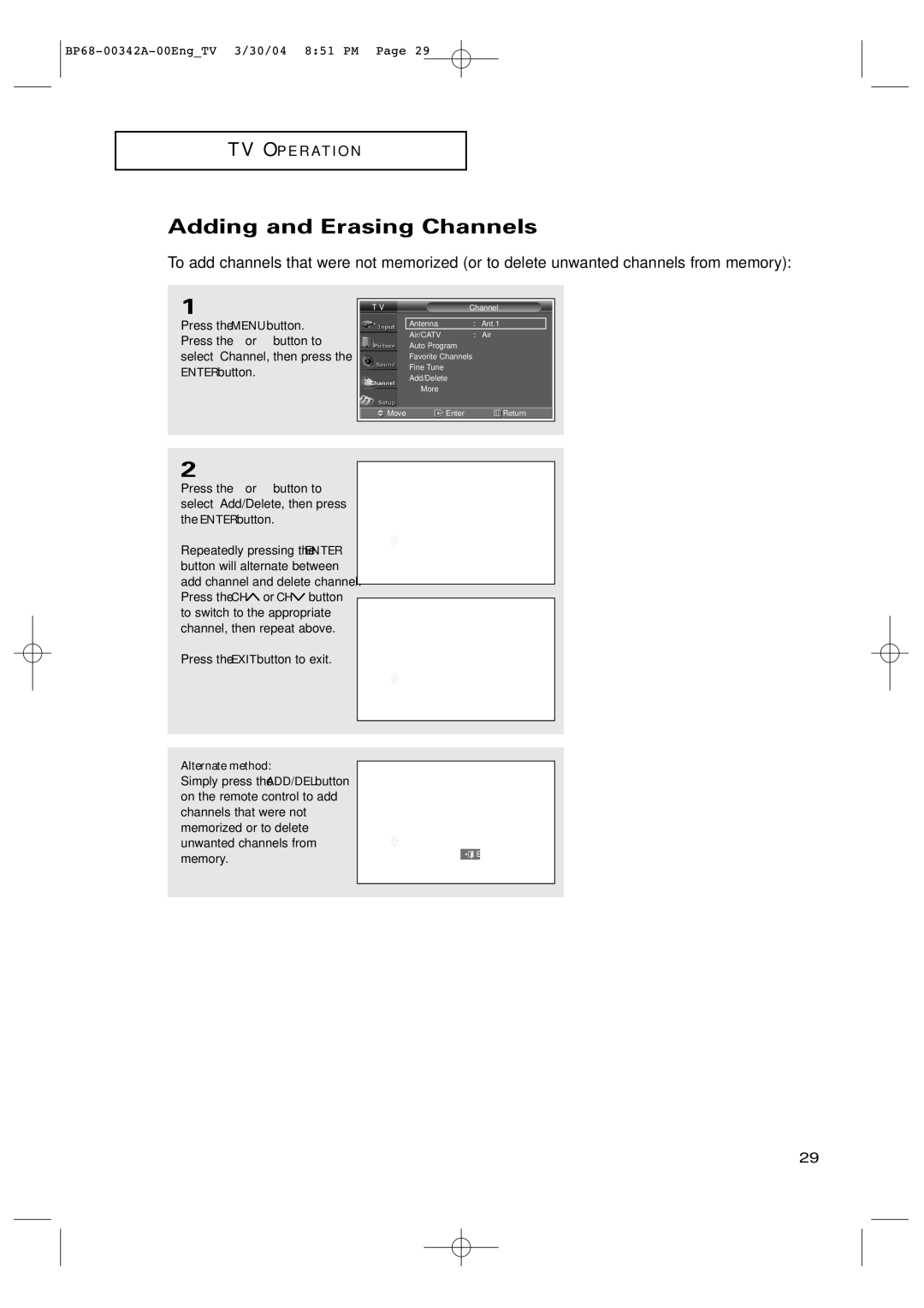 Samsung HC-P4363W manual Adding and Erasing Channels, Alternate method 