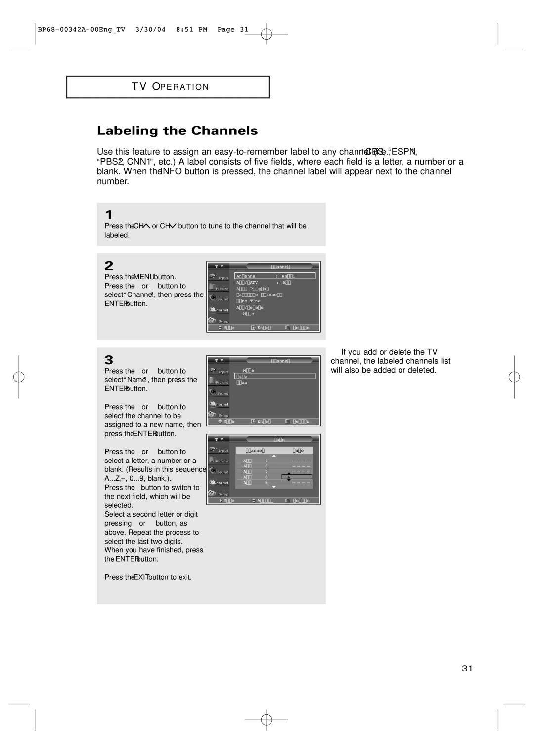 Samsung HC-P4363W manual Labeling the Channels, Enter button 