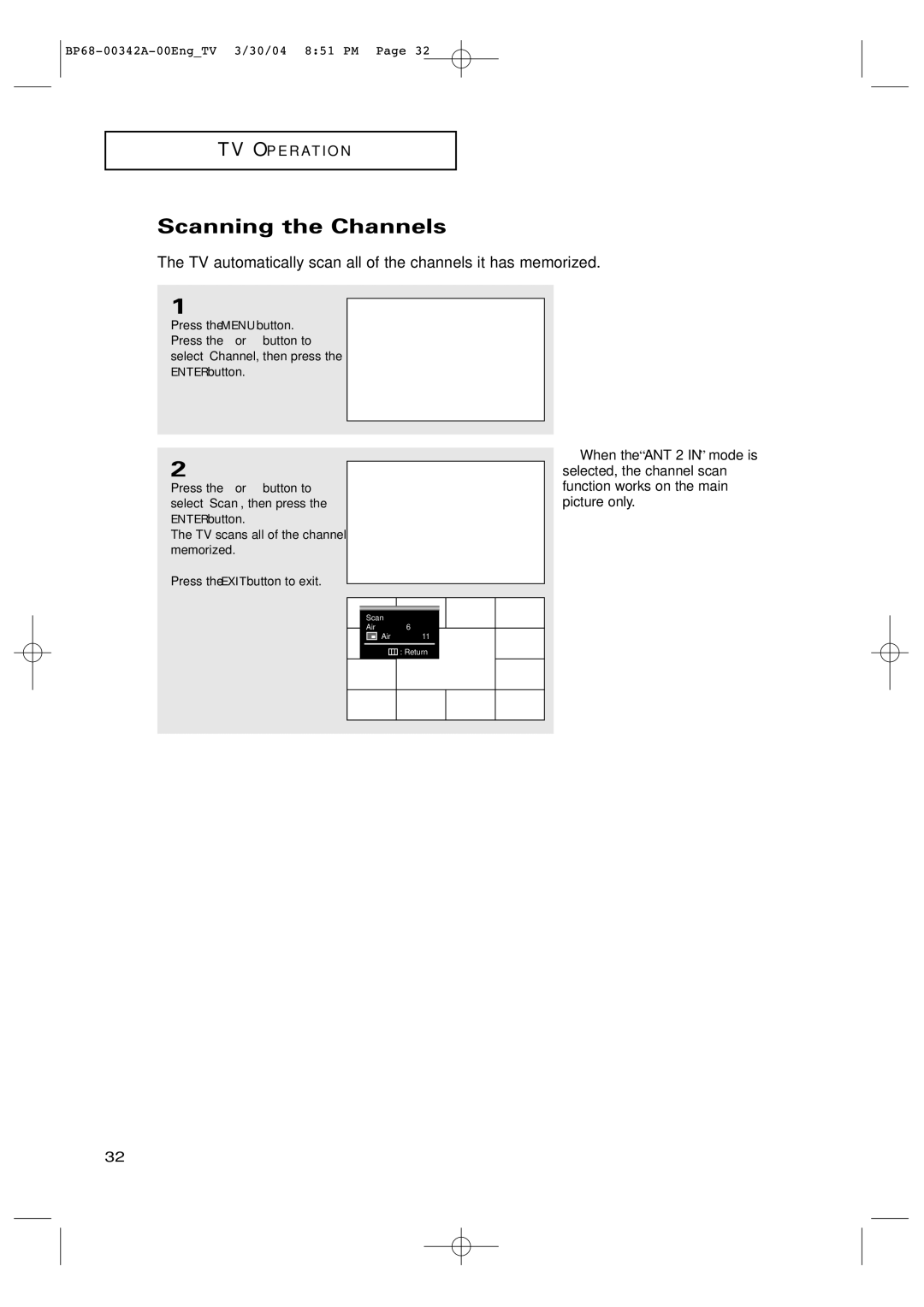 Samsung HC-P4363W manual Scanning the Channels, TV automatically scan all of the channels it has memorized 