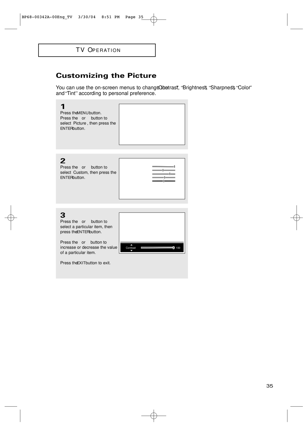 Samsung HC-P4363W manual Customizing the Picture 