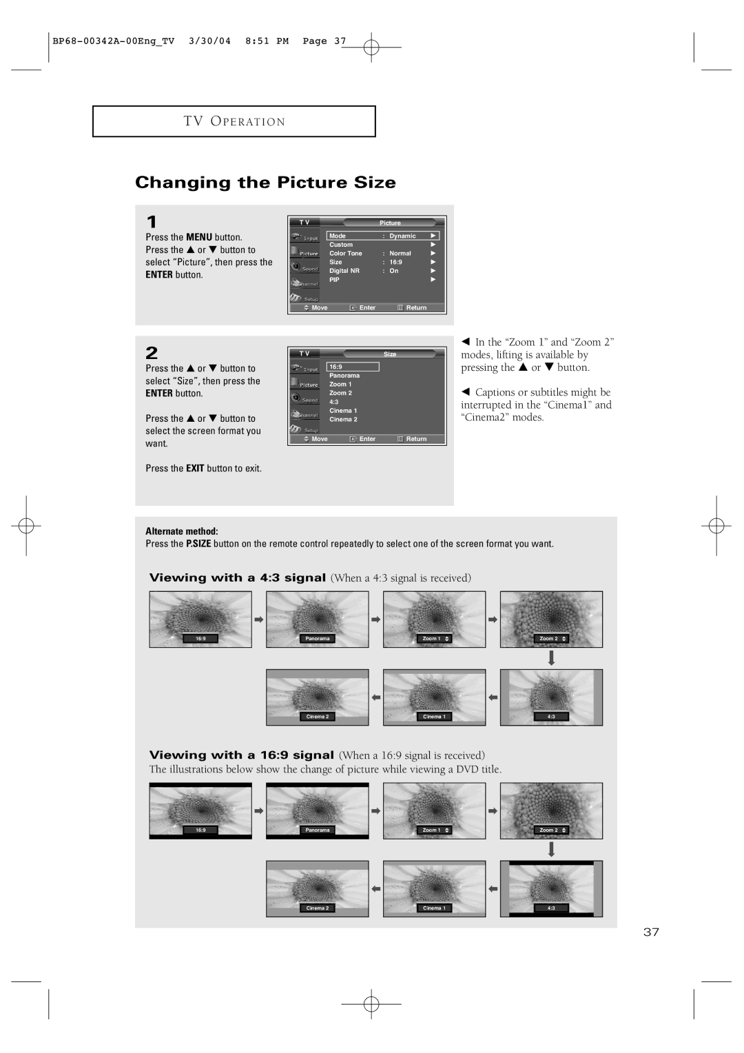 Samsung HC-P4363W manual Changing the Picture Size, Alternate method 