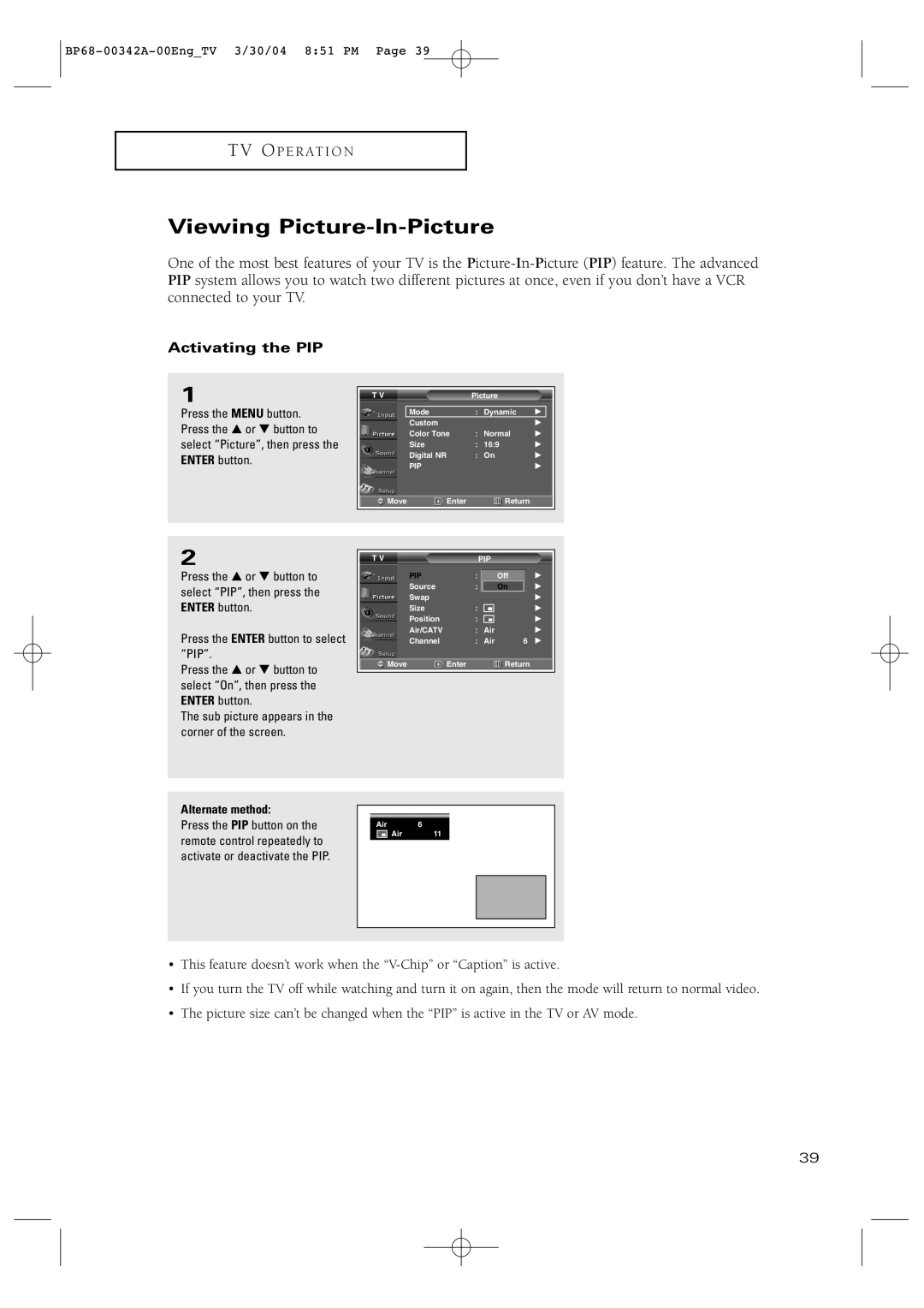 Samsung HC-P4363W manual Viewing Picture-In-Picture, Activating the PIP 