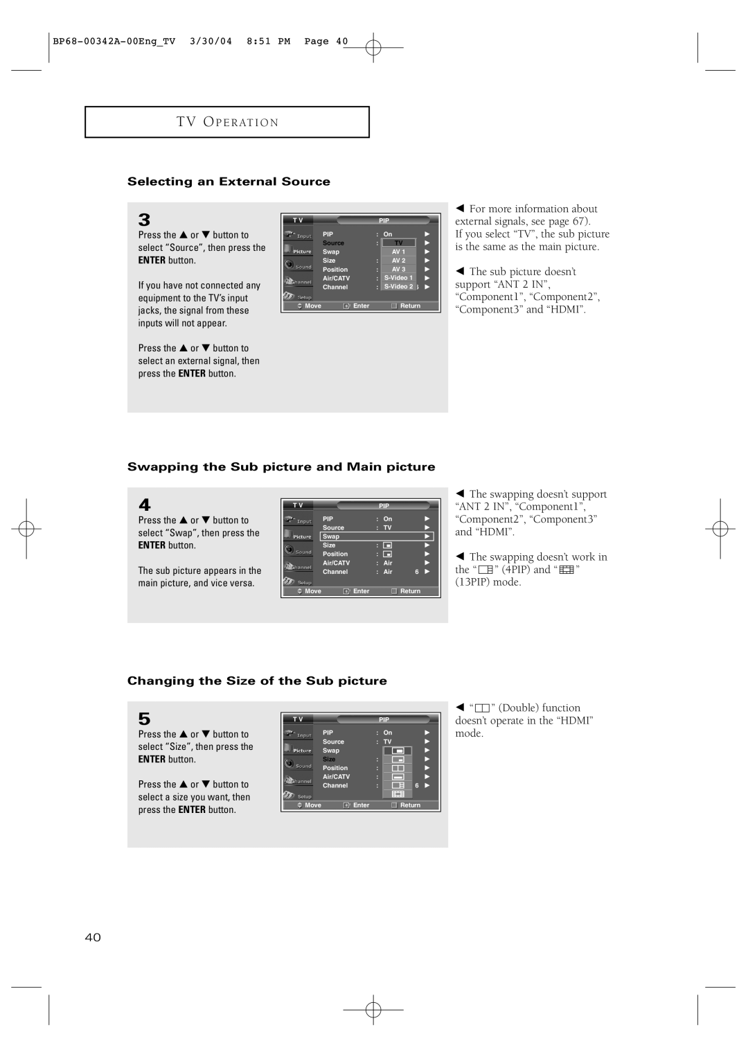 Samsung HC-P4363W manual Selecting an External Source, Swapping the Sub picture and Main picture 