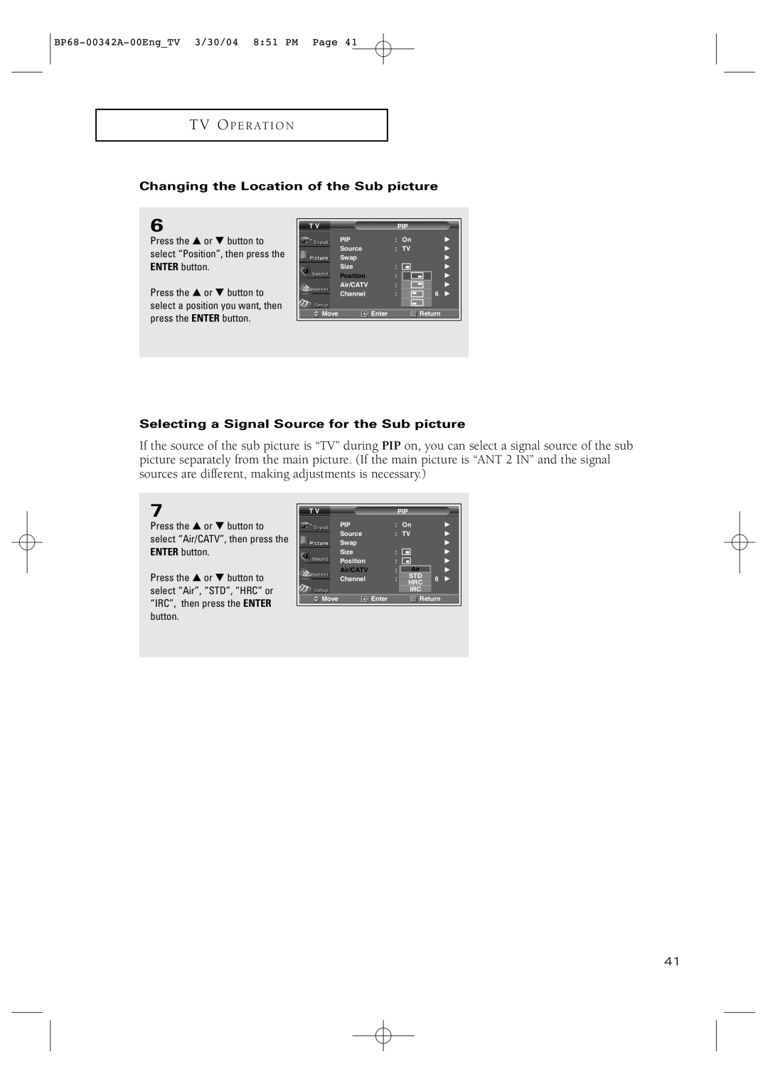 Samsung HC-P4363W manual Changing the Location of the Sub picture, Selecting a Signal Source for the Sub picture 