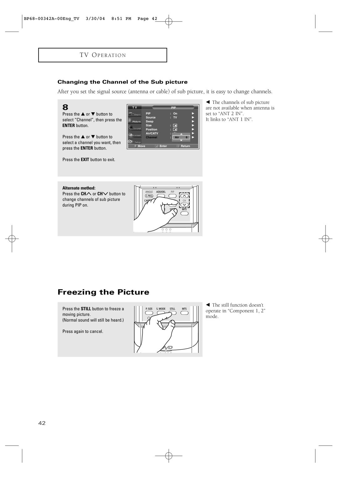 Samsung HC-P4363W manual Freezing the Picture, Changing the Channel of the Sub picture 