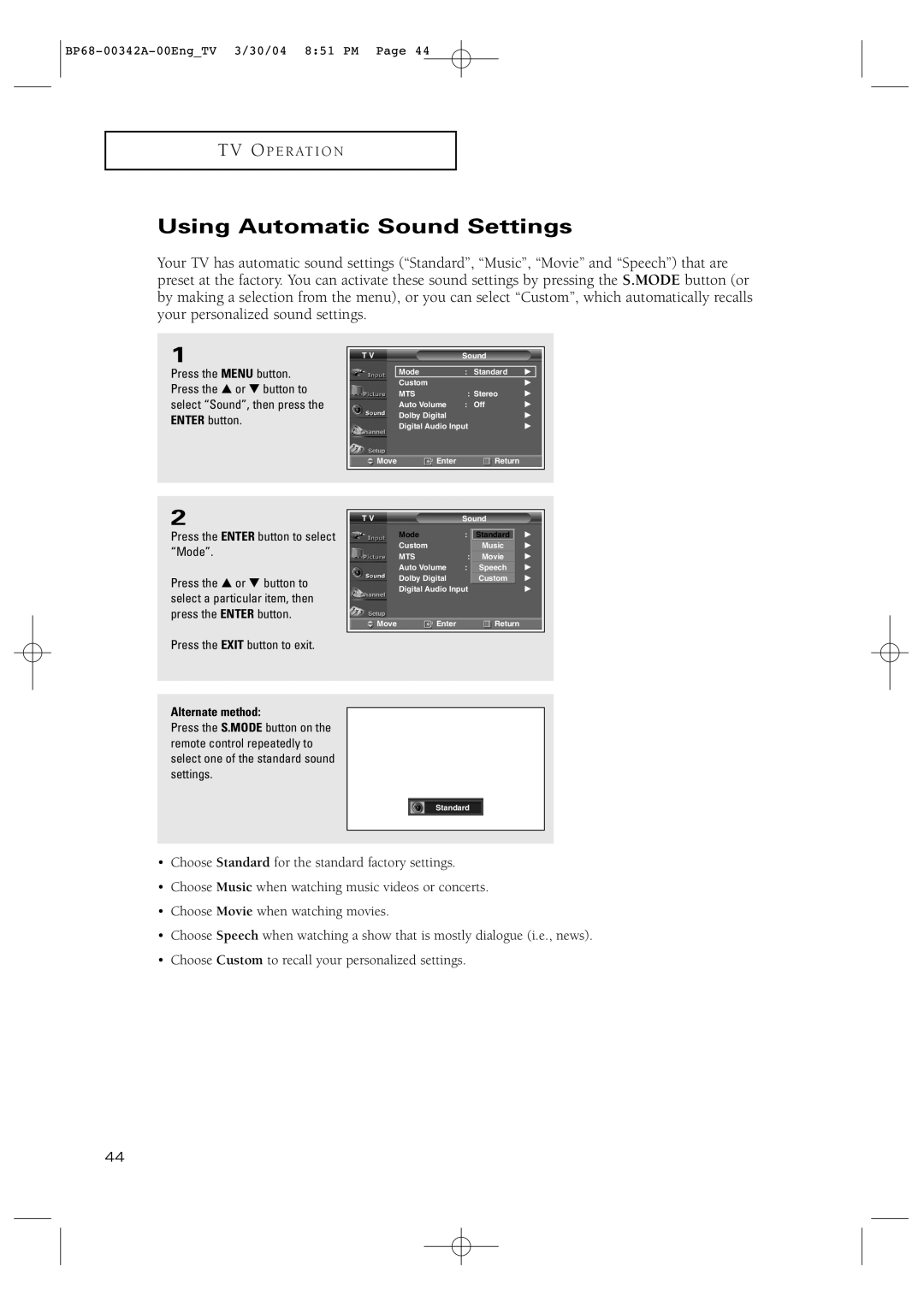 Samsung HC-P4363W manual Using Automatic Sound Settings 