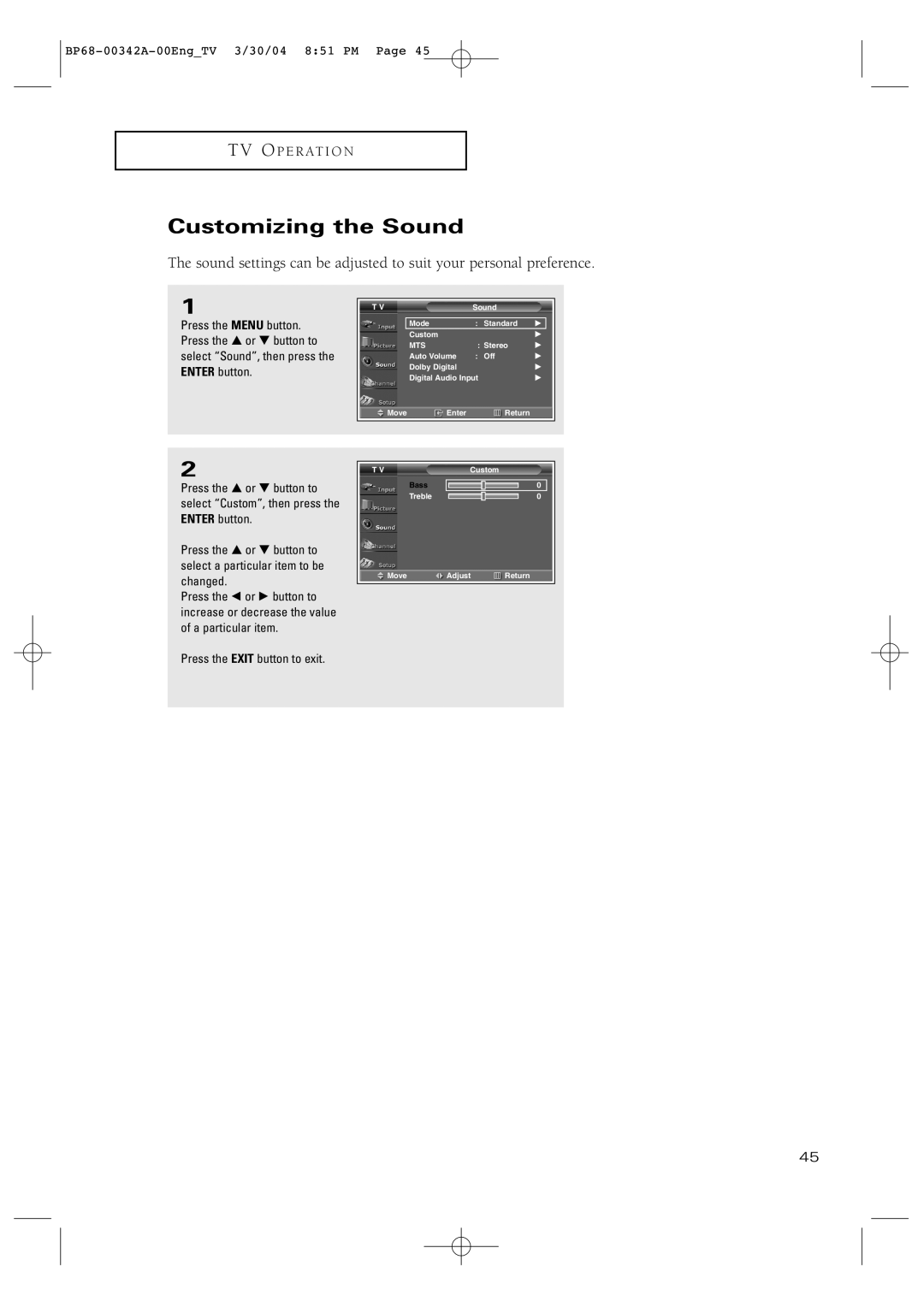 Samsung HC-P4363W manual Customizing the Sound 