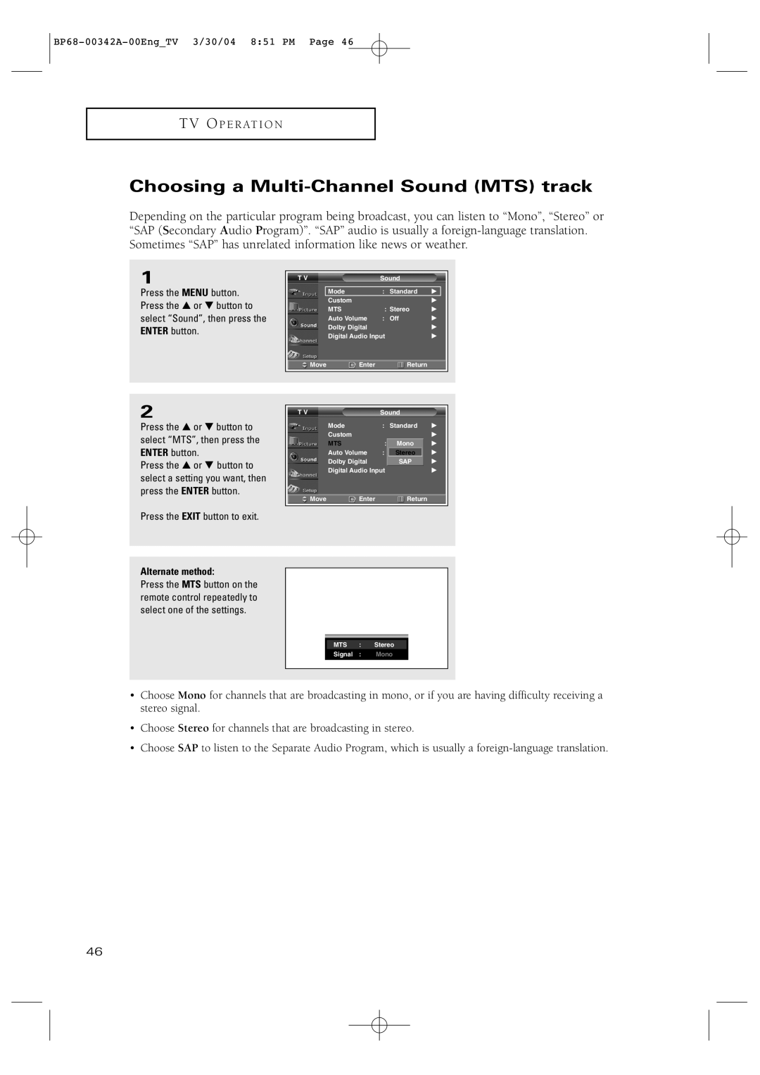 Samsung HC-P4363W manual Choosing a Multi-Channel Sound MTS track 