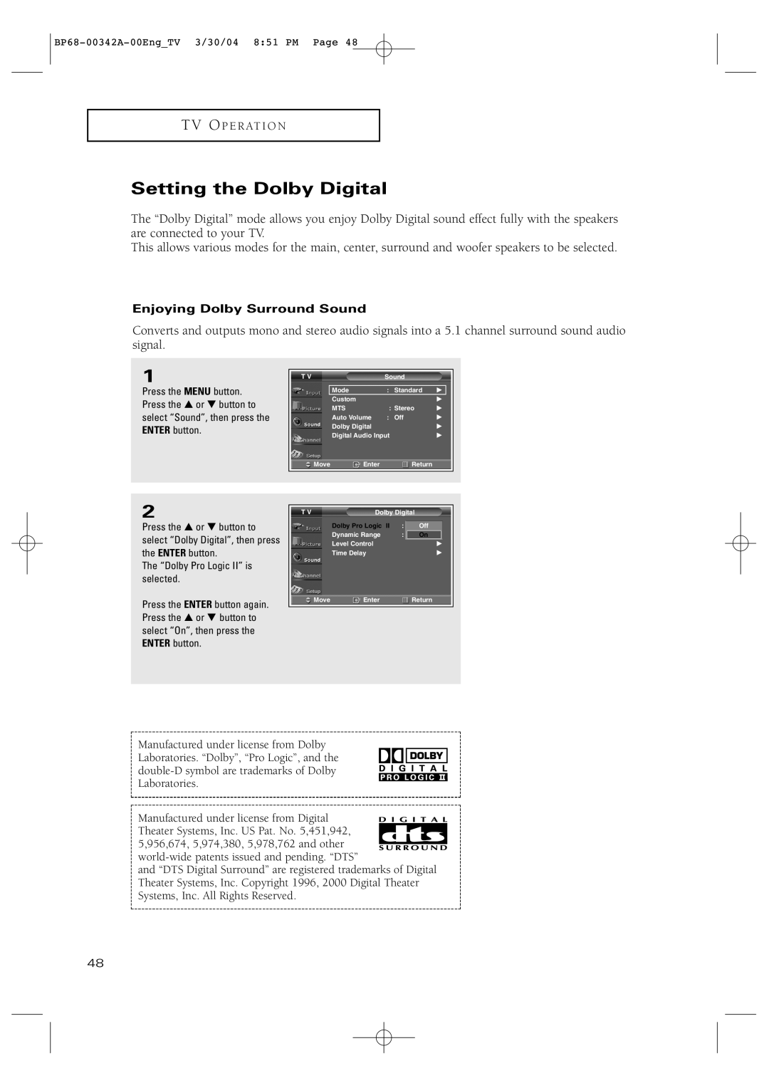 Samsung HC-P4363W manual Setting the Dolby Digital, Enjoying Dolby Surround Sound 