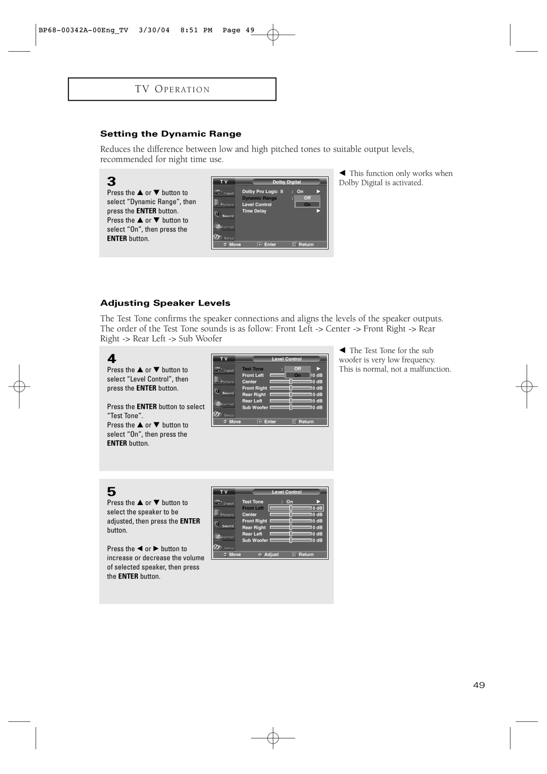 Samsung HC-P4363W manual Setting the Dynamic Range, Adjusting Speaker Levels 