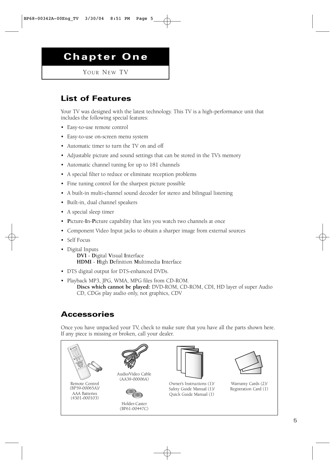 Samsung HC-P4363W manual List of Features, Accessories 