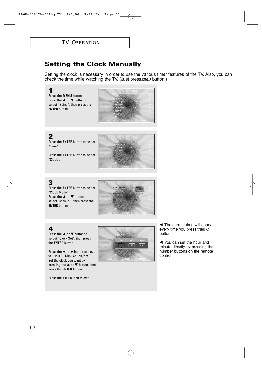 Samsung HC-P4363W manual Setting the Clock Manually 