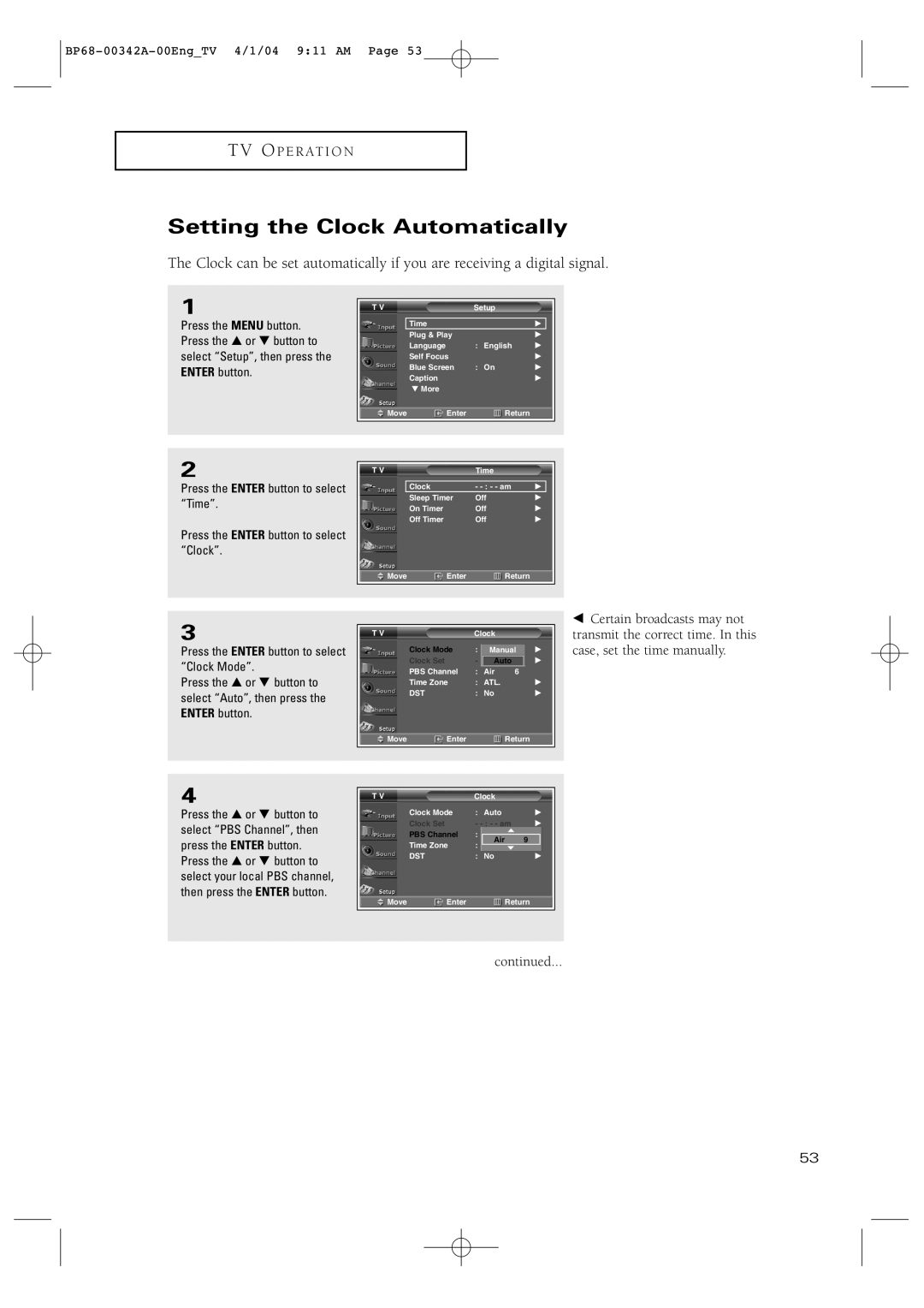 Samsung HC-P4363W manual Setting the Clock Automatically 