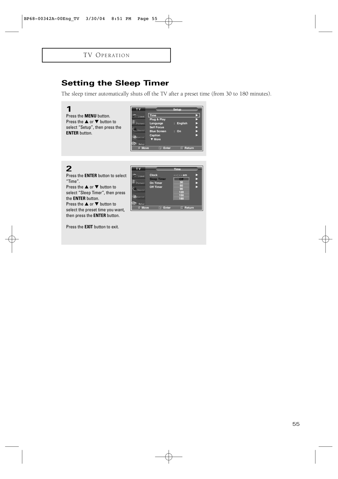 Samsung HC-P4363W manual Setting the Sleep Timer 