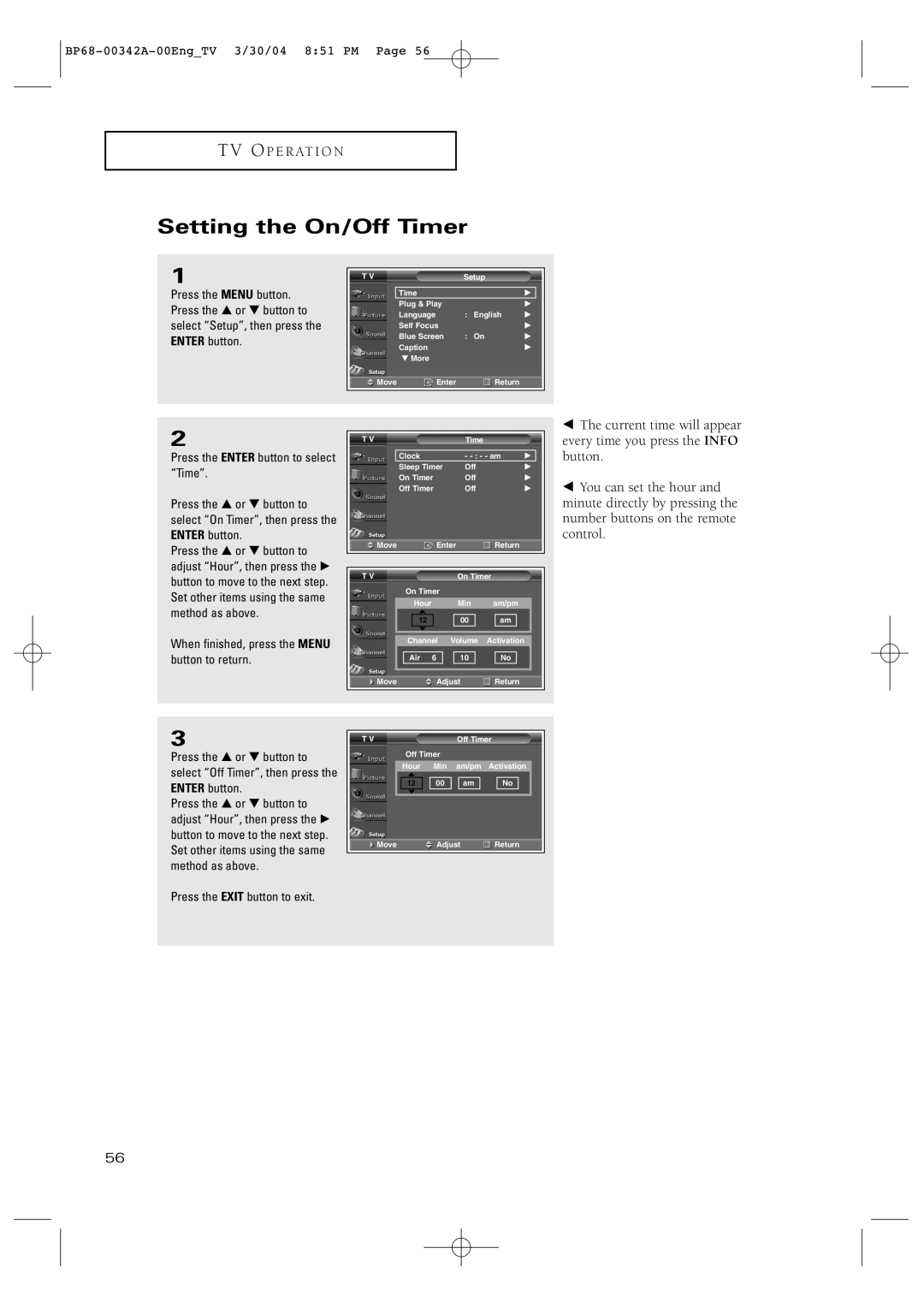 Samsung HC-P4363W manual Setting the On/Off Timer, When finished, press the Menu button to return 