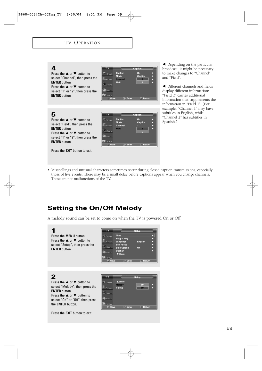 Samsung HC-P4363W manual Setting the On/Off Melody, Example, Channel 1 may have 