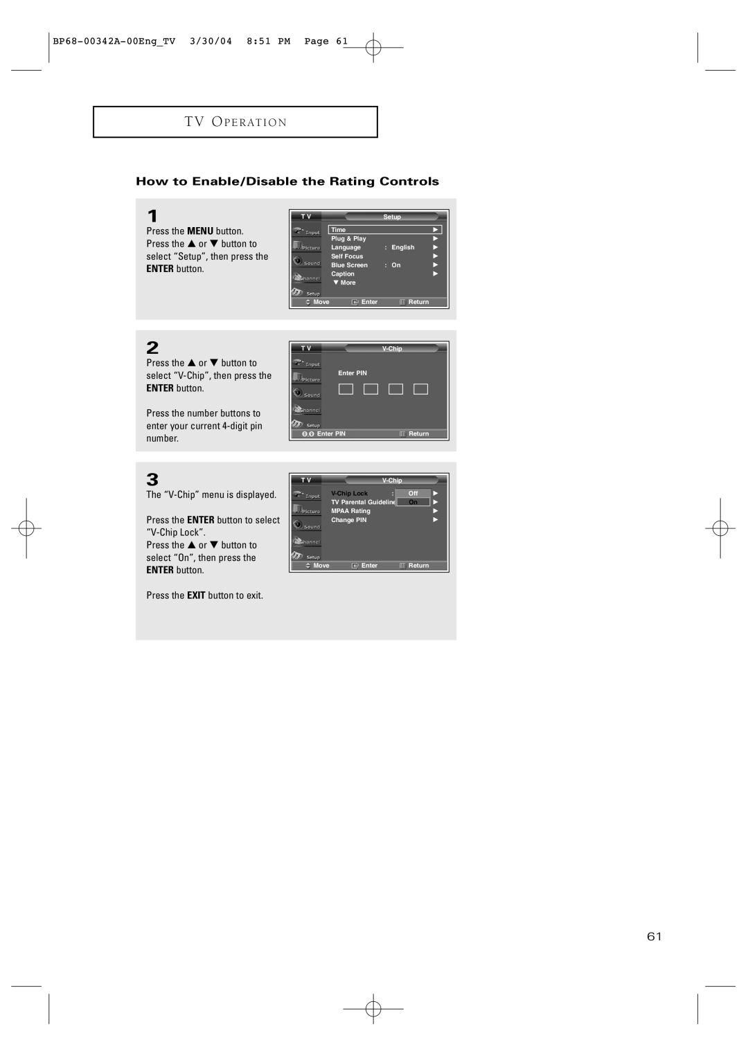 Samsung HC-P4363W manual How to Enable/Disable the Rating Controls 