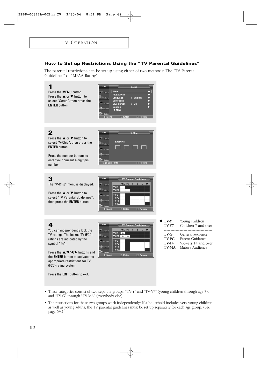 Samsung HC-P4363W manual How to Set up Restrictions Using the TV Parental Guidelines 