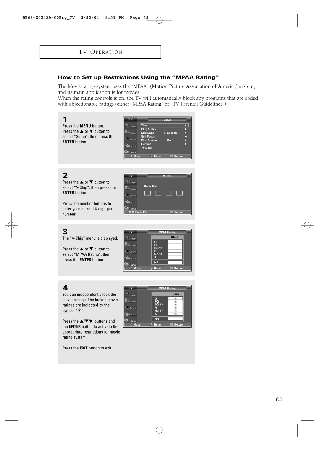 Samsung HC-P4363W manual How to Set up Restrictions Using the Mpaa Rating 