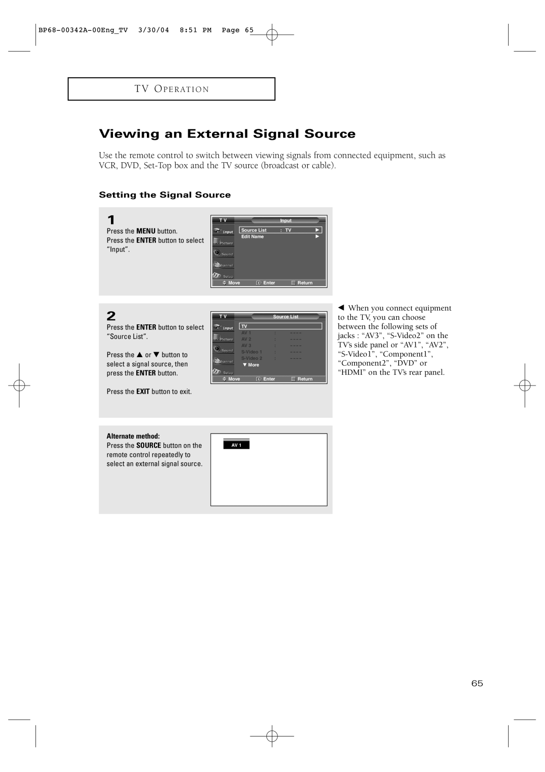 Samsung HC-P4363W manual Viewing an External Signal Source, Setting the Signal Source 